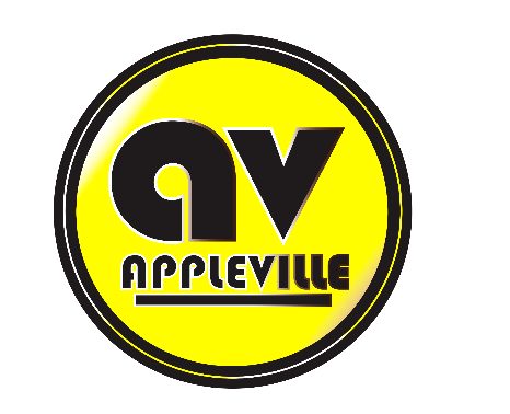 Logo of Appleville featuring a bold "AV" in black on a yellow circle background with the word "APPLEVILLE" beneath it.