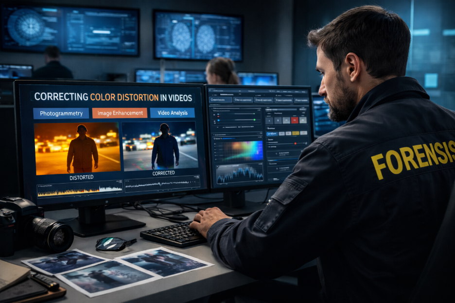Forensic analyst correcting color distortion in video footage on dual monitors.