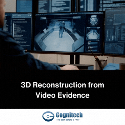 Forensic analyst workstation showing 3D crime scene reconstruction.