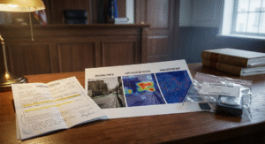 Courtroom scene with forensic report, photo analysis, and evidence bag with digital items.