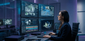 A woman in a control room, analyzing data on multiple large monitors displaying security footage and 3D models.