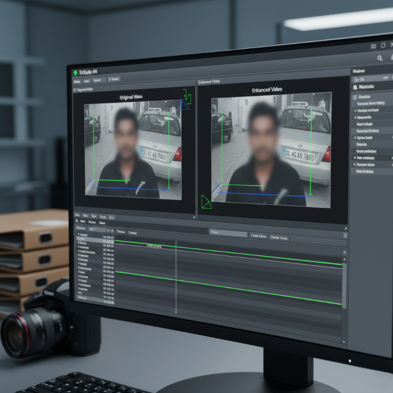 computer monitor displaying software with side-by-side video analysis of a blurry man and a car's license plate.