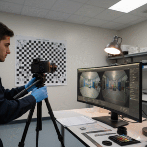 Camera calibration with tripod and monitor setup.