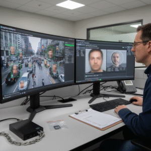 Analyst monitoring facial recognition surveillance on dual screens.