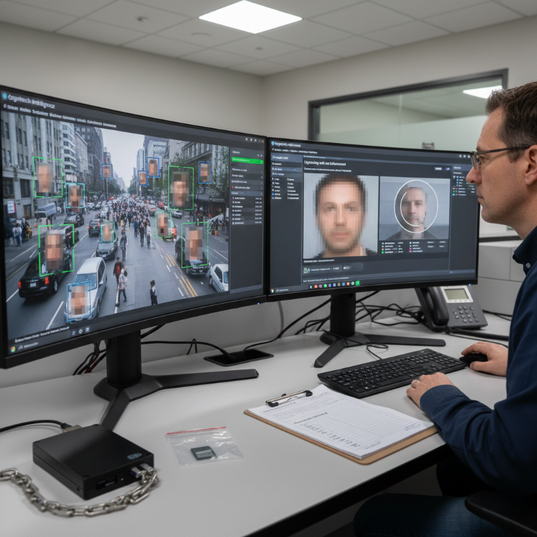 Analyst monitoring facial recognition surveillance on dual screens.