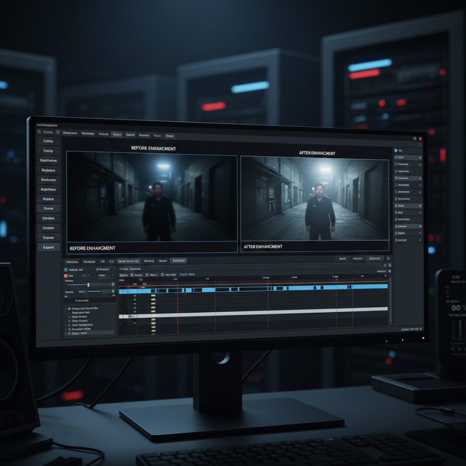 Video enhancement software showing before-and-after low-light footage on monitor.