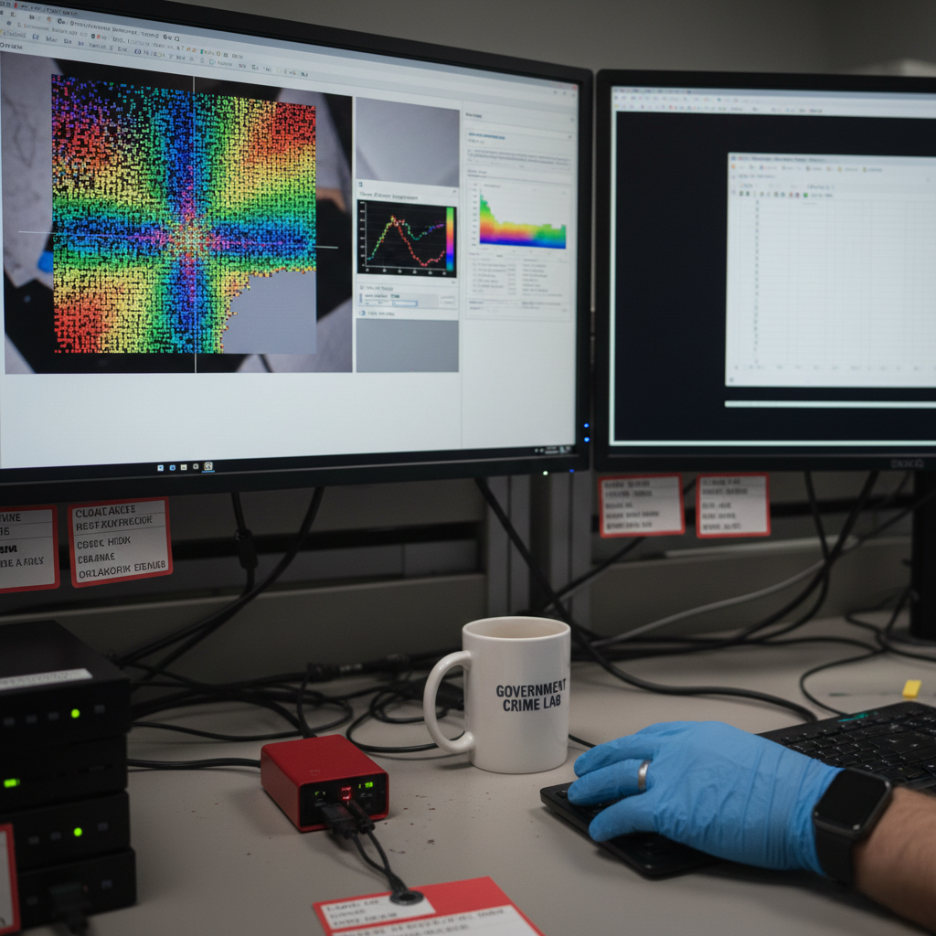 Two monitors showing image enhancement software