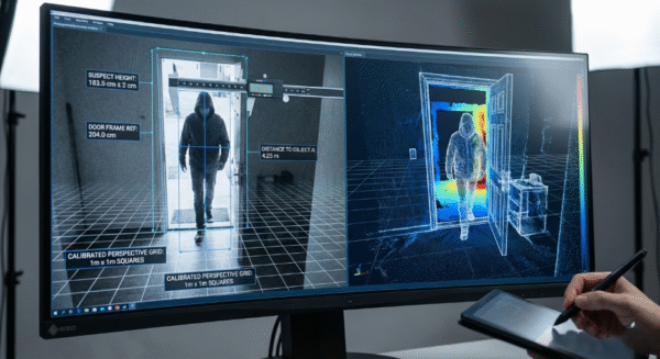 monitor displaying two images: one shows a person in a hoodie entering through a door with measurement overlays the other is a thermal image.