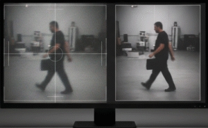 Forensic video enhancement comparing grainy and cleared footage.