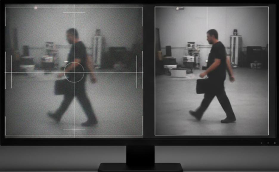 Forensic video enhancement comparing grainy and cleared footage.
