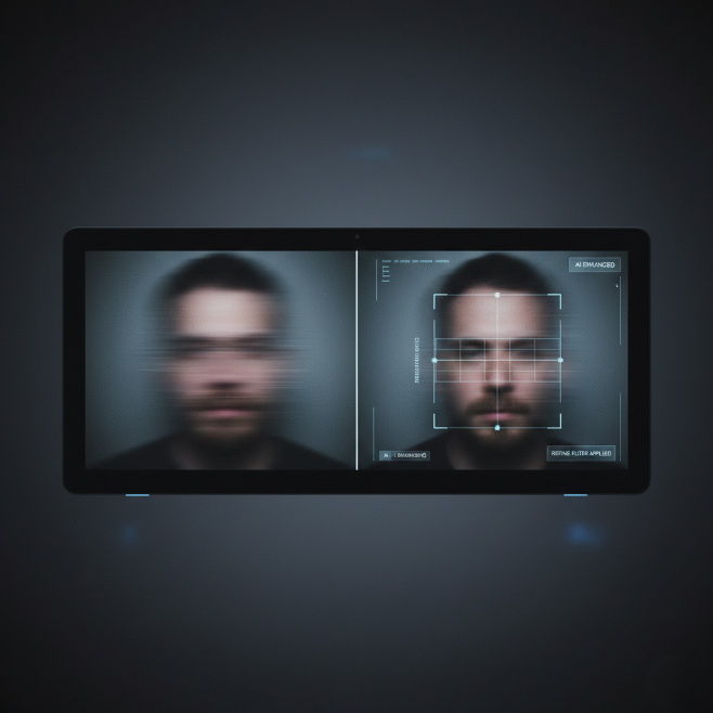 A digital screen showing a blurry face next to a sharp, AI-enhanced version.
