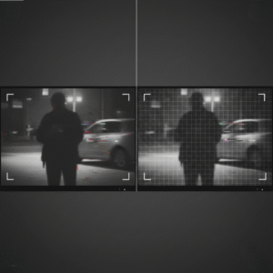 Surveillance footage comparison showing original and gridded views.