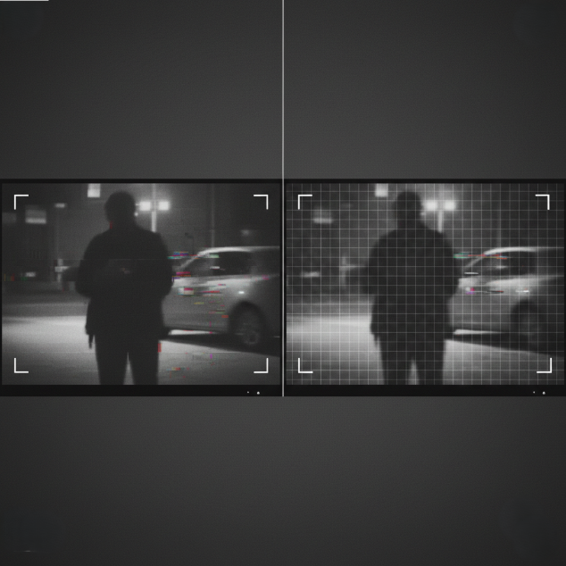 Surveillance footage comparison showing original and gridded views.