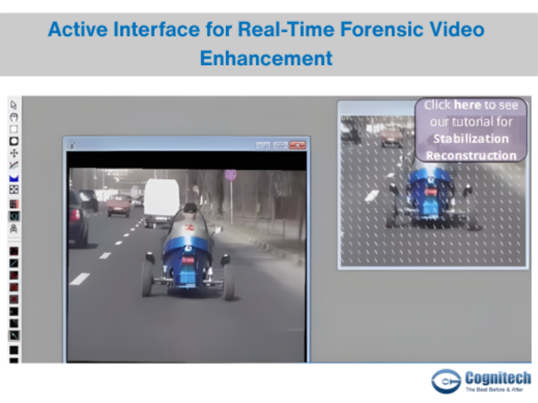Real-time forensic video enhancement software interface.