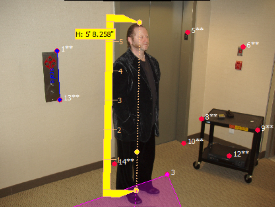 Forensic height analysis of a person using measurement markers.