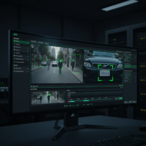 AI surveillance software tracking faces and license plates.