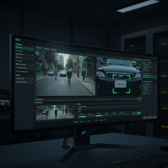 AI surveillance software tracking faces and license plates.