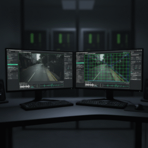 Dual-monitor forensic workstation analyzing street camera footage.