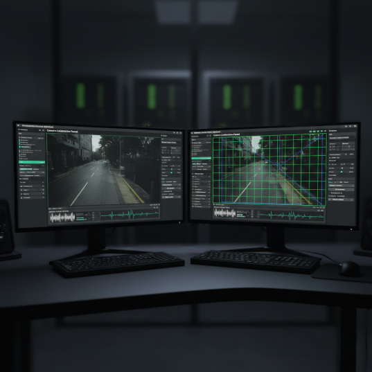 Dual-monitor forensic workstation analyzing street camera footage.
